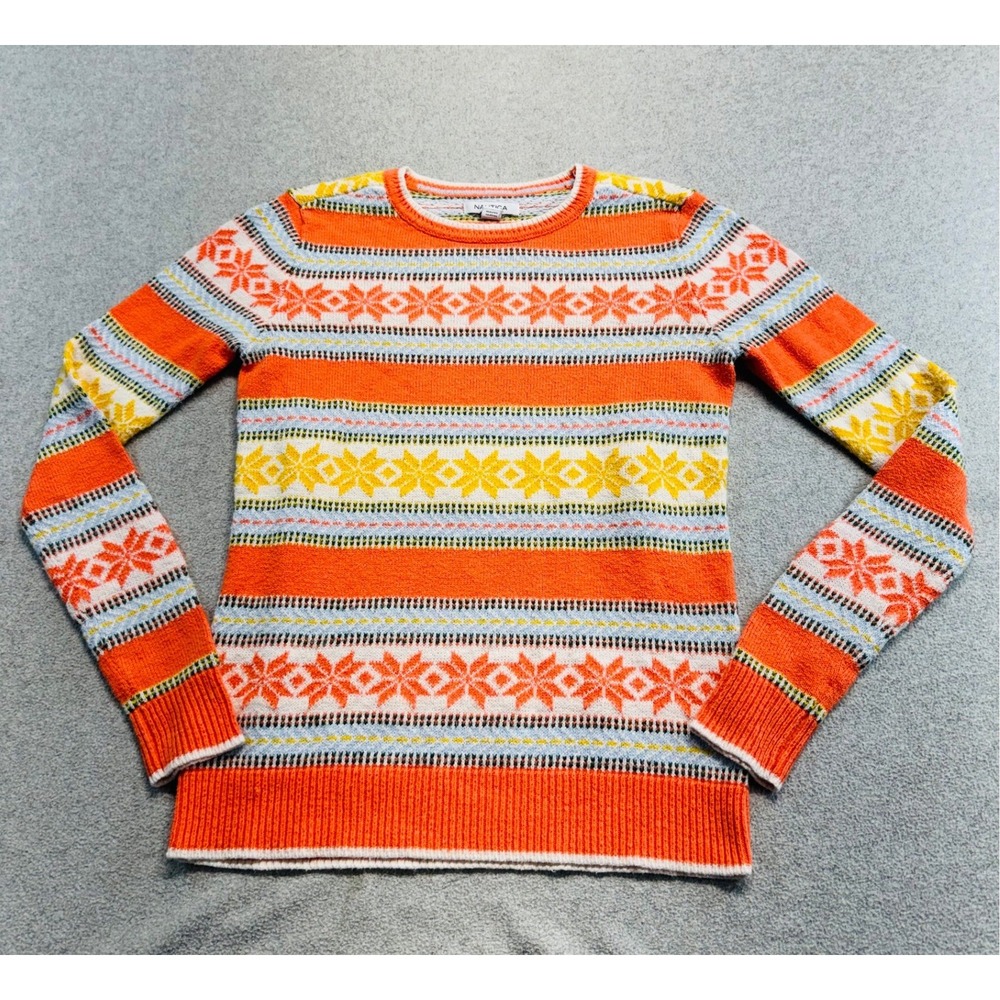 Nautica Womens XS Fair Isle Sweater Orange Yellow Nordic Crewneck Classic Cabin